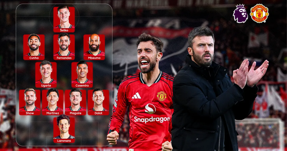A digital graphic showing a 4-2-3-1 football formation for Manchester United featuring Šeško up front and Michael Carrick standing to the right.