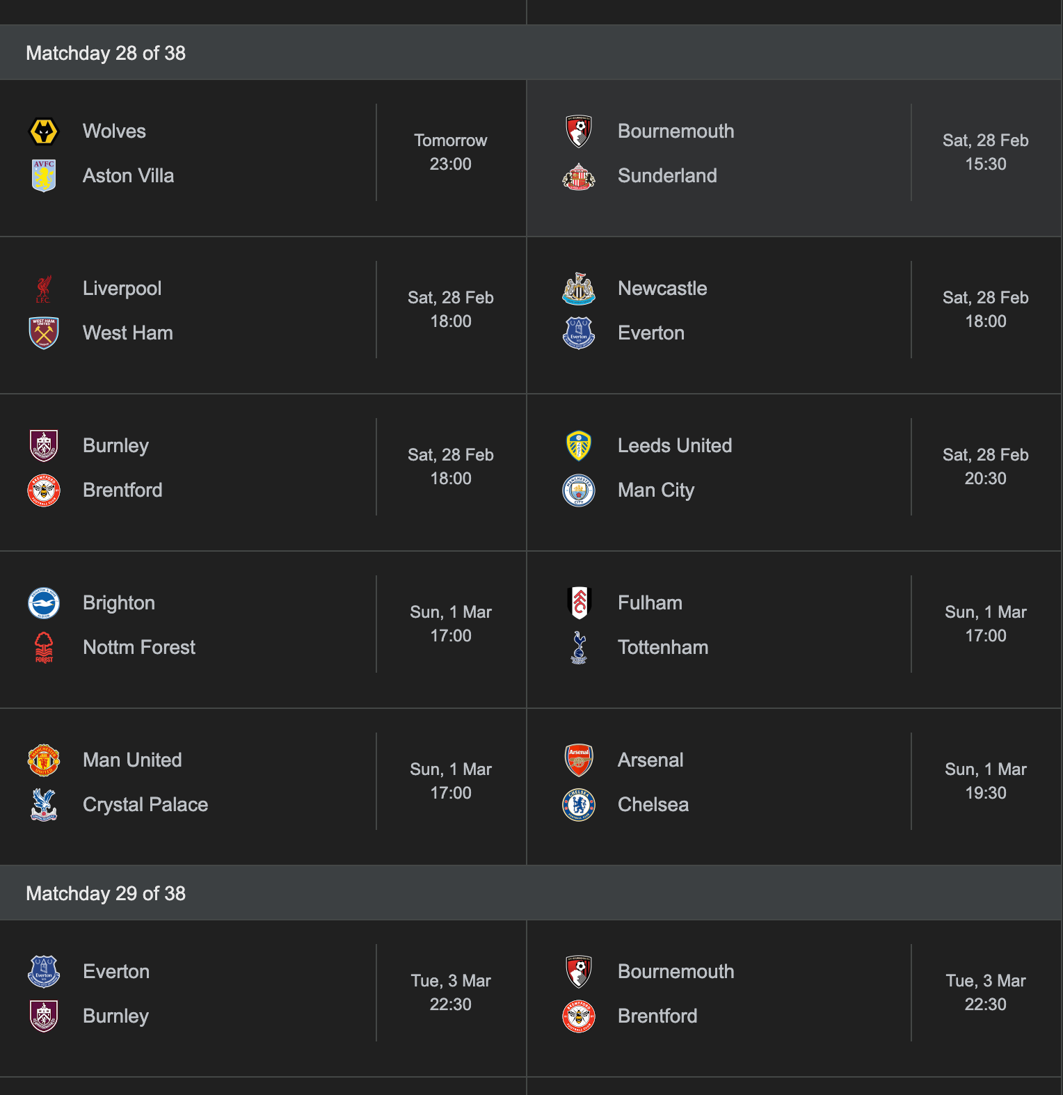 A digital schedule of Premier League Matchday 28 and 29 fixtures, showing upcoming matches like Wolves vs. Aston Villa and Arsenal vs. Chelsea.