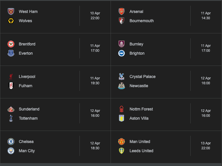 A schedule of Premier League football fixtures from April 10 to April 13, including matchups like Chelsea vs. Man City and Man United vs. Leeds United.