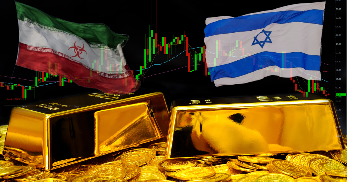 Gold bars and coins set against a stock market chart and regional flags.