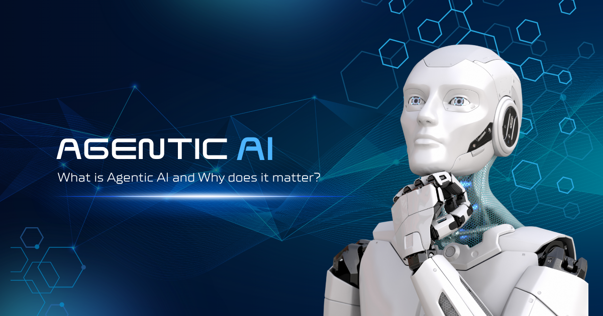 A white humanoid robot in a thinking pose against a blue background with digital hexagonal patterns.