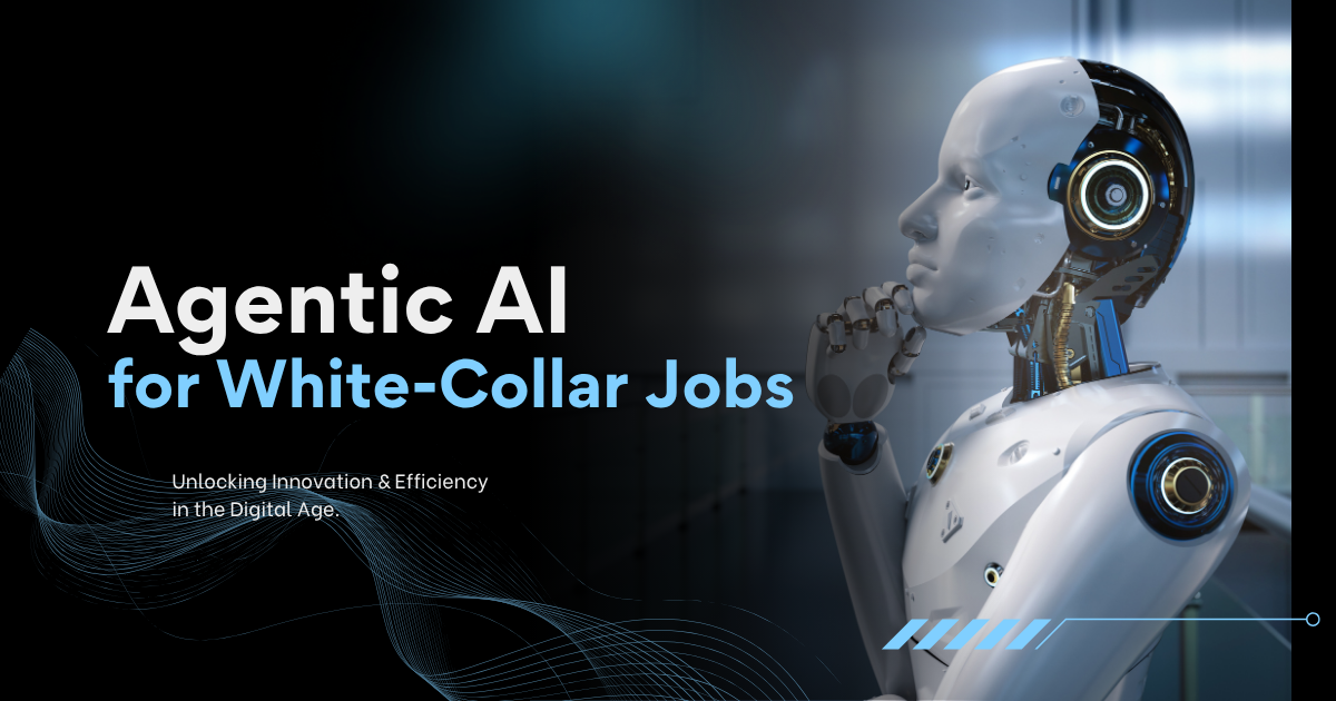 Profile view of a sleek white robot thinking, with text overlaying "Agentic AI for White-Collar Jobs."