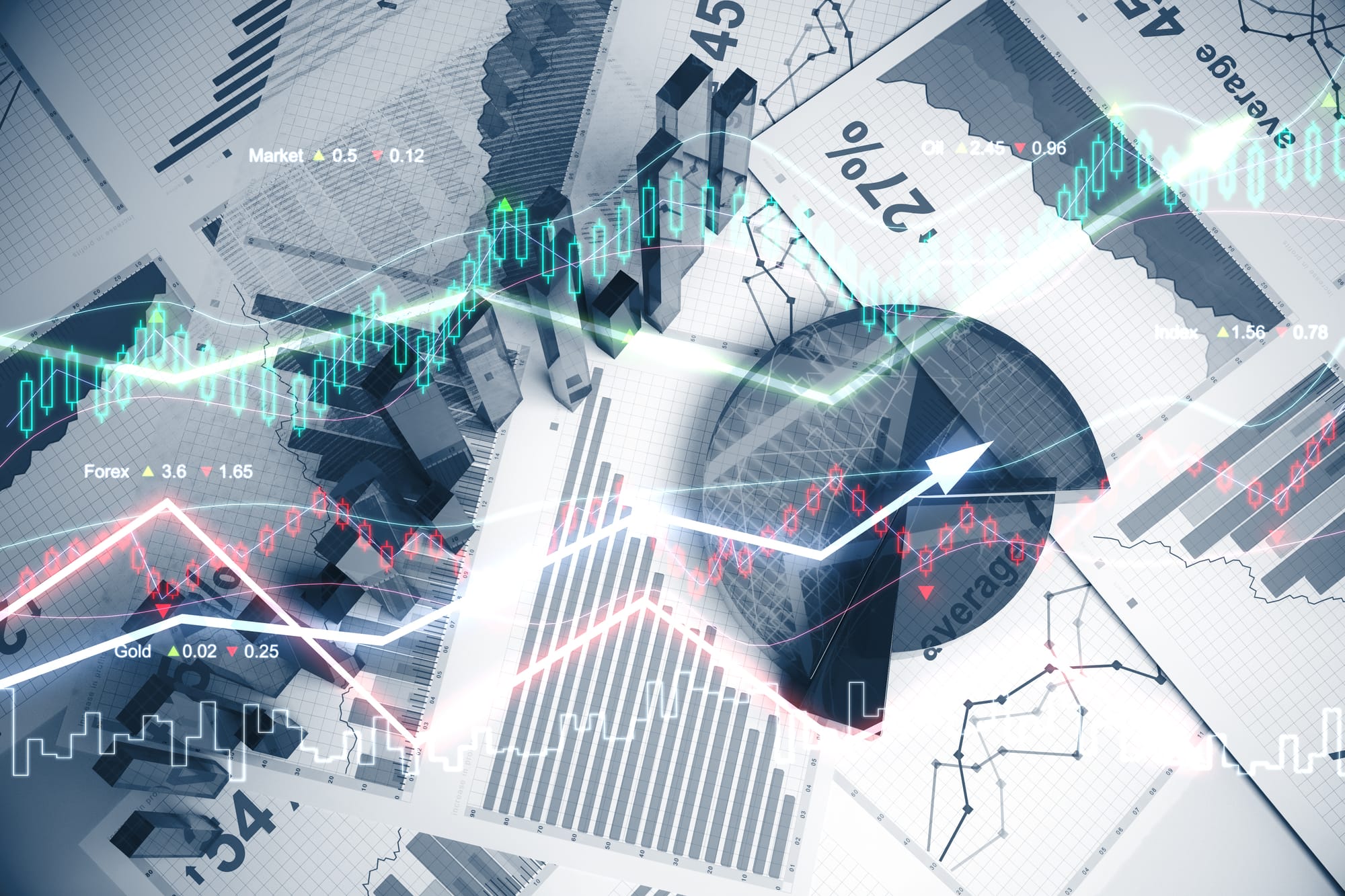 An abstract financial background featuring 3D bar graphs, a pie chart with a rising white arrow, and glowing green and red candlestick patterns representing market volatility and recovery.