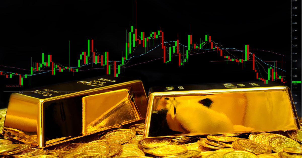 A professional financial chart showing green and red candlesticks over a pile of gold bars and coins.
