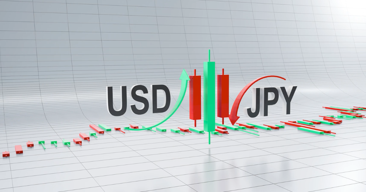 "USD/JPY" text with green and red trading candles and trend arrows.