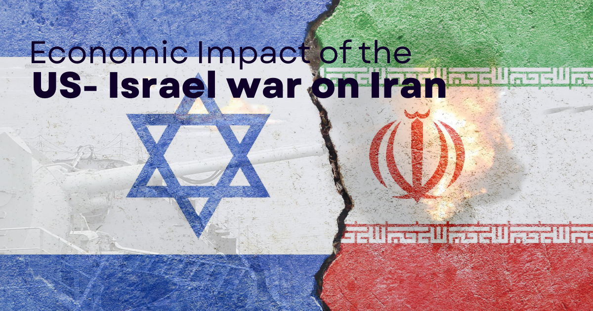 Graphic titled "Economic Impact of US-Israel war on Iran" featuring a cracked wall separating the Israeli flag and the Iranian flag, with a military tank and explosions in the background..