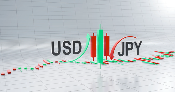 "USD/JPY" text with green and red trading candles and trend arrows.