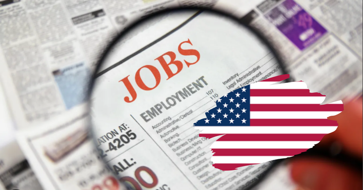 Magnifying glass over newspaper job listings with a US flag overlay.
