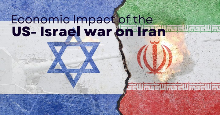 Graphic titled "Economic Impact of US-Israel war on Iran" featuring a cracked wall separating the Israeli flag and the Iranian flag, with a military tank and explosions in the background..