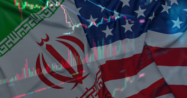 A composite image showing the flags of Iran and the United States overlaid with a fluctuating red and green candlestick forex chart and financial data.