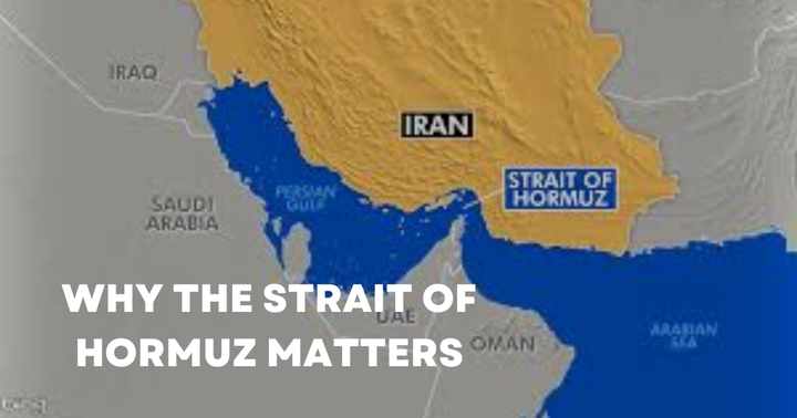 Map showing the Strait of Hormuz as a narrow passage between Iran, Oman, and the UAE, labeled "Why the Strait of Hormuz Matters."